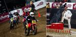 Left: Racers come into the straightaway. Right: One Show founder Thor Drake leans against the podium.