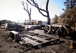 A burned out trailer and truck among ashes.