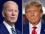 In this combination of photos, President Joe Biden, left, speaks on Aug. 10, 2023, in Salt Lake City, and former President Donald Trump speaks on June 13, 2023, in Bedminster, N.J.