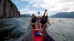 Members of the Portland All Nations Canoe Family round Cape Horn as they pull the fifth leg of their week-long Canoe Journey along the Lower Columbia River in July, 2018.