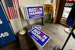 Campaign signs sit in the Erie County Democratic Party office in Erie, Pa.