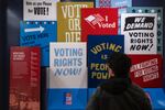 A visitor looks at an exhibition on voting rights in the U.S. at the International African American Museum in Charleston, S.C., in January.