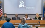 (Left to right) Members of the Portland Public Schools Board of Education Michelle DePass, Herman Greene, Gary Hollands and Julia Brim-Edwards, listen to testimony from a PPS student and parent, at the PPS district offices in Portland in this Nov. 28, 2023 file photo. 