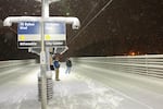 People wait for an Orange Line MAX train at the Southeast Bybee Boulevard station in Portland's Sellwood neighborhood during a snow storm on Wednesday, Jan. 11, 2017.