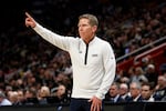 FILE - Gonzaga head coach Mark Few signals from the sideline during the first half of a Sweet 16 college basketball game against Purdue in the NCAA Tournament, March 29, 2024, in Detroit. (AP Photo/Duane Burleson, File)