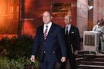 Canada's Deputy High Commissioner to India Stewart Wheeler, left, leaves after meeting with officials at the Indian government's Ministry of External Affairs, in New Delhi, India, Monday, Oct. 14, 2024. (AP Photo)