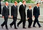 From left: Britain's Prince Philip, Prince William, Earl Spencer, Prince Harry and Prince Charles walk outside Westminster Abbey during the funeral procession for Diana, Princess of Wales, Sept. 6, 1997.
