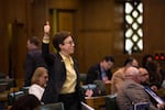 House Speaker Tina Kotek, D-Portland, signals her vote on the House floor at the Capitol in Salem, Ore., Tuesday, April 2, 2019.