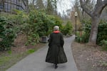 Former Ashland Mayor Cathy Shaw, shown walking in Lithia Park, April 2023, said her conversations with the parks director and the commissioners have always been respectful.