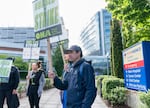 Nurses strike in front of Providence Portland Medical Center, near Northeast Glisan Street and Northeast 47th Avenue, Monday, June 19, 2023. A five-day strike is underway for about 1,800 Providence nurses in Portland and Seaside.