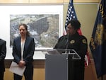 Portland Police Detective Meredith Hopper (left) and Portland Fire Chief Sara Boone (right) discuss the arrest of alleged arsonist Allen Michael Singerhouse at a press conference on Nov. 26, 2019.