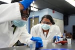 Sima Gutierrez, right, observes as a teammate examines water at the Flint Community Water Lab, Wednesday, April 3, 2024, in Flint, Mich. The lab, with more than 60 high school and college interns, has provided free water testing for thousands of residents since 2020.