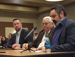 Michael Rondeau, CEO of Cow Creek Band of Umpqua Indians, right, addresses the State Land Board along with Chief Warren Brainard and Toby Luther, CEO of Lone Rock Timber, left.