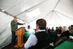 A crowd of about 90 people gathered near Sisters to celebrate funding for irrigation modernization and hear Sen. Jeff Merkley speak. 