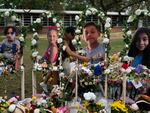 A memorial at Robb Elementary School in Uvalde, Texas on Monday. Photographs of the victims, from left, show Layla Salazar, Makenna Lee Elrod, Jayce Carmelo Luevanos and Nevaeh Alyssa Bravo.
