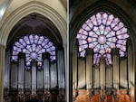 (COMBO) This combination of pictures created on November 29, 2024 shows the Western Rose window of Notre-Dame Cathedral in Paris on November 29, 2024 (L) and on November 30, 2012 (R). The Notre-Dame Cathedral is set to re-open early December 2024, with a planned weekend of ceremonies on December 7 and 8, 2024, five years after the 2019 fire which ravaged the world heritage landmark and toppled its spire. Some 250 companies and hundreds of experts were mobilised for the five-year restoration costing hundreds of millions of euros. (Photo by STEPHANE DE SAKUTIN and PATRICK KOVARIK / various sources / AFP) (Photo by STEPHANE DE SAKUTINPATRICK KOVARIK/AFP/POOL/AFP via Getty Images)