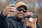 Iris and Burt Foster take a selfie after voting Dr. Henry A. Wise, Jr., High School in Upper Marlboro, Md.