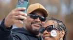 Iris and Burt Foster take a selfie after voting Dr. Henry A. Wise, Jr., High School in Upper Marlboro, Md.