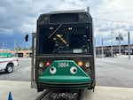 An MBTA subway car dons googly eyes under its front windshield in Boston.