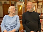 Sue Kesey sits with her husband, Chuck, for an interview with OPB in 2024.