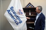 FILE - Roger Krone, chief executive officer of Scouting America, describes the design of the organization's flag in Irving, Texas, Feb. 5, 2025.