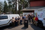 Joined by state and local officials, Oregon Gov. Tina Kotek gives updates about the Akawa Butte Fire, burning just north of Sisters, Ore., at a press conference at the Sisters-Camp Sherman Rural Fire Protection District Fire Station 701 in Sisters, Ore., on July 24, 2026.