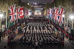 A nighttime rehearsal in central London for the coronation of King Charles III, which will take place this weekend.