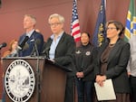 (Front, from left to right) Portland Mayor Ted Wheeler, Oregon Gov. Tina Kotek and Multnomah County Chair Jessica Vega Pederson speak to mark the end of Portland's 90-day state of emergency in Portland, Ore., on May 3, 2024.