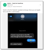 A social media post sponsored by Kalshi and included in Washington state's legal complaint against the company. The complaint alleges that Kalshi advertised itself as a way to circumvent Washington's ban on online gambling.