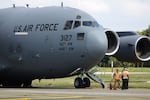 A US Air force flight carrying migrants deported by the US government arrives at Ramon Villeda Morales International Airport in January 2025 in San Pedro Sula, Honduras