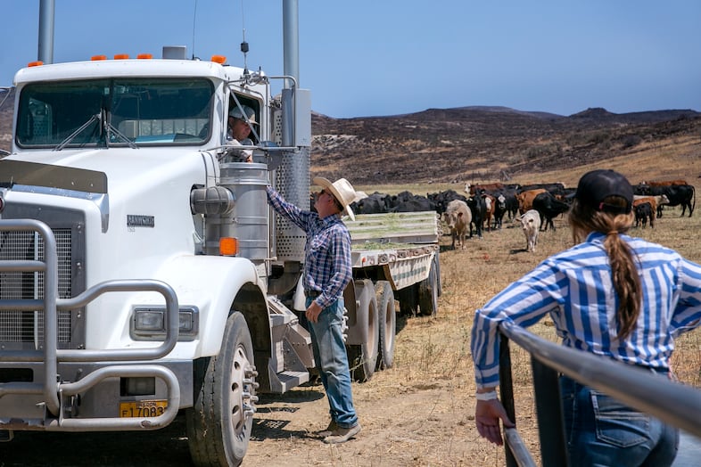 Lee Wright, center, shakes a neighbor's hand after they drop off a hay donation, as his daughter Kyla watches, at the Wright feedlot by Vale, Ore., July 31, 2024. The Wrights had a small stockpile of hay, but have also received donations from several neighbors after losing 20,000 acres of grazing land to the Durkee fire. 