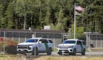 Two border patrol vehicles parked outside the Blaine Border Patrol Station on May 24, 2025. A family of six spent more than three weeks at the facility recently.