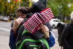 Maureen Valdez, left, from Beaverton and Dory Borck from Portland, both supporters of the occupation, embrace following the deliverance of a not guilty verdict for all defendants in the occuption of the Malheur National Wildlife Refuge.