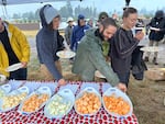 From left, farmers Katie Gourley, David Oberstein and Julia Forsyth sample dry-farmed melons grown at Oregon State University's Vegetable Research Farm in Corvallis, Ore., on Aug. 31, 2023.