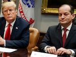 Labor Secretary Alexander Acosta resigned in 2019 after questions were raised about his role negotiating a federal non-prosecution deal for Jeffrey Epstein. Former President Trump has also acknowledged a long acquaintance with Epstein. (AP Photo/Evan Vucci, File)