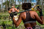 Tree planters walk out of their land at the end of a day. A typical work day is approximately 10 hours during which planters will put thousands of seedlings in the ground.