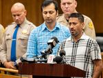 Sukhdeep Singh, right, and Balwinder Saini, middle, speak about the kidnapping of their family members, 8-month-old Aroohi Dheri, her mother Jasleen Kaur, her father Jasdeep Singh, and her uncle Amandeep Singh at a news conference in Merced, Calif., on Wednesday, Oct. 5, 2022.