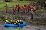Search and recovery workers near Camp Mystic on July 6, 2025 in Hunt, Texas.