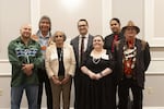 Partners in the OSU-NAGPRA Facility (left to right): Chief Jefferson Greene Jr., Wasco Chief, Confederated Tribes of Warm Springs; Wilson Wewa, Tribal Council, Confederated Tribes of Warm Springs; Jayathi Murthy, Oregon State University president; Scott Vignos, Oregon State vice president and chief diversity officer; Dawn Marie Alapisco, director of the Native American Graves Protection and Repatriation Act office at Oregon State; Chance White-Eyes, director of Tribal relations at Oregon State; Chief Doug Barrett, Confederated Tribes of Coos, Lower Umpqua and Siuslaw Indians.