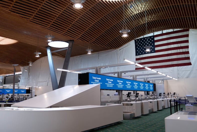 The ticketing area, Aug. 2, 2024. After the opening of the new terminal on Aug. 14, 2024, the white construction walls will remain in place as renovation begins in the old ticketing area. 