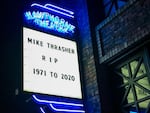 Mike Thrasher is remembered on the Hawthorne Theatre marquee in Portland, Oregon.