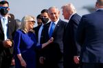 U.S. President Donald Trump is welcomed by Israeli Prime Minister Benjamin Netanyahu and officials at Ben Gurion International Airport on Oct. 13, 2025 in Tel Aviv, Israel.
