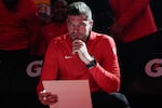 FILE - Portland Trail Blazers interim head coach Tiago Splitter listens during introductions before an NBA basketball game against the Brooklyn Nets, March 23, 2026, in Portland, Ore.