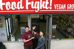 Chad Miller and Emiko Badillo presenting their new grocery store, Food Fight, in 2003.