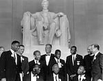 Martin Luther King Jr. and other civil rights leaders gather before a rally at the Lincoln Memorial on Aug. 28, 1963, in Washington.