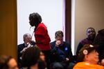 Commissioner Jo Ann Hardesty greets supporters at City Hall in Portland, Ore., Wednesday, Feb. 13, 2019.