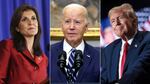 Republican presidential candidate Nikki Haley speaks during her primary election night gathering on Feb. 24 in Charleston, S.C.; President Biden delivers remarks at the White House on Feb. 16;  Republican presidential candidate and former President Donald Trump speaks during a rally March 2 in Richmond, Va..