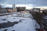 Snow blankets the site of the future Harbor of Hope homeless center in Northwest Portland, Ore., Tuesday, Feb. 5, 2019.