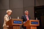 U.S. Rep. Michael Baumgartner (right), the Republican incumbent running against Democratic challenger Carmela Conroy (left) in the general election for Washington state's 5th Congressional District, answers a question during a candidate forum held at Whitman College's Cordiner Hall on Sept. 21, 2026.