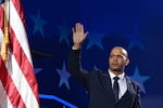 Gonell waves on stage on the third day of the Democratic National Convention at the United Center in Chicago on Aug. 21, 2024.